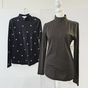 Charter Club Size S Black/Gold Striped & Black w/White Ribbon Bows Mock Neck Wom